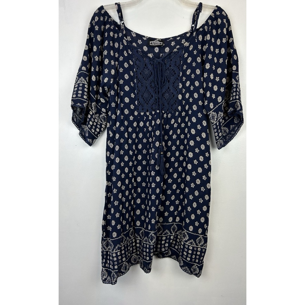 Angie Dress Womens Large Mini Boho Cottagcore Rockabilly Festival Navy Read